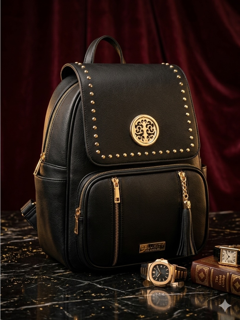 Black Gold-Accent Backpack — Luxury Stud Detail